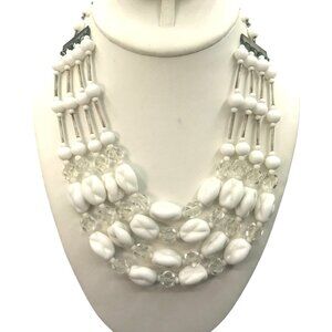 Milk Glass Multi Strand Choker, White Beads and Clear Faceted Crystals, Vintage
